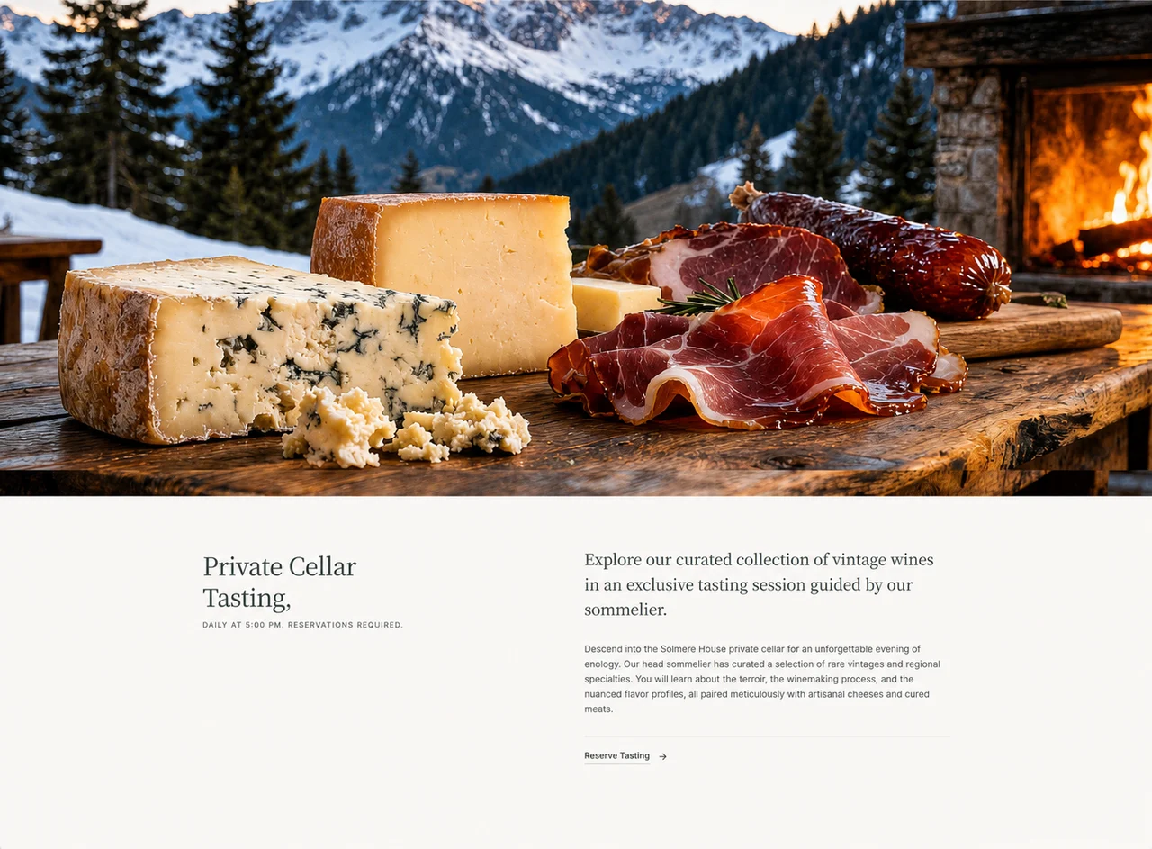 Private Cellar Tasting page with a photo of artisanal cheeses and charcuterie and a Reserve Tasting button