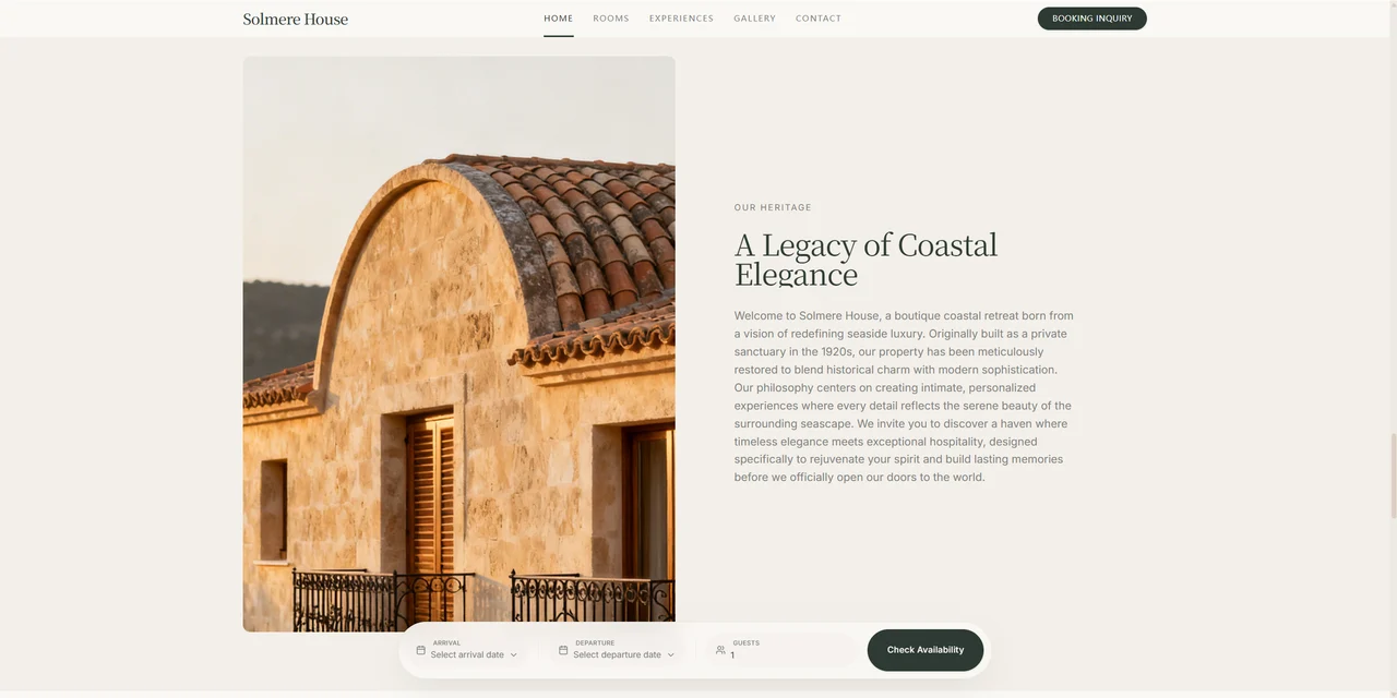 A Legacy of Coastal Elegance founder story section with a Mediterranean-style building and heritage copy