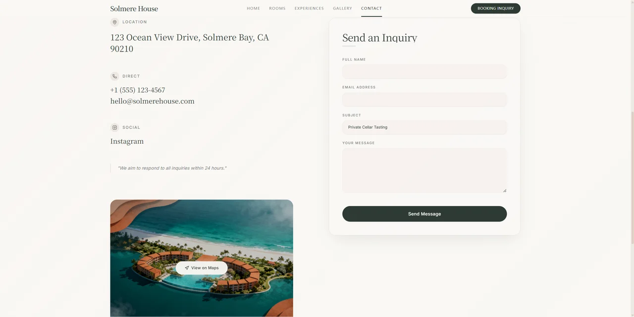 Solmere House Send an Inquiry contact form with name, email, subject, and message fields alongside location details