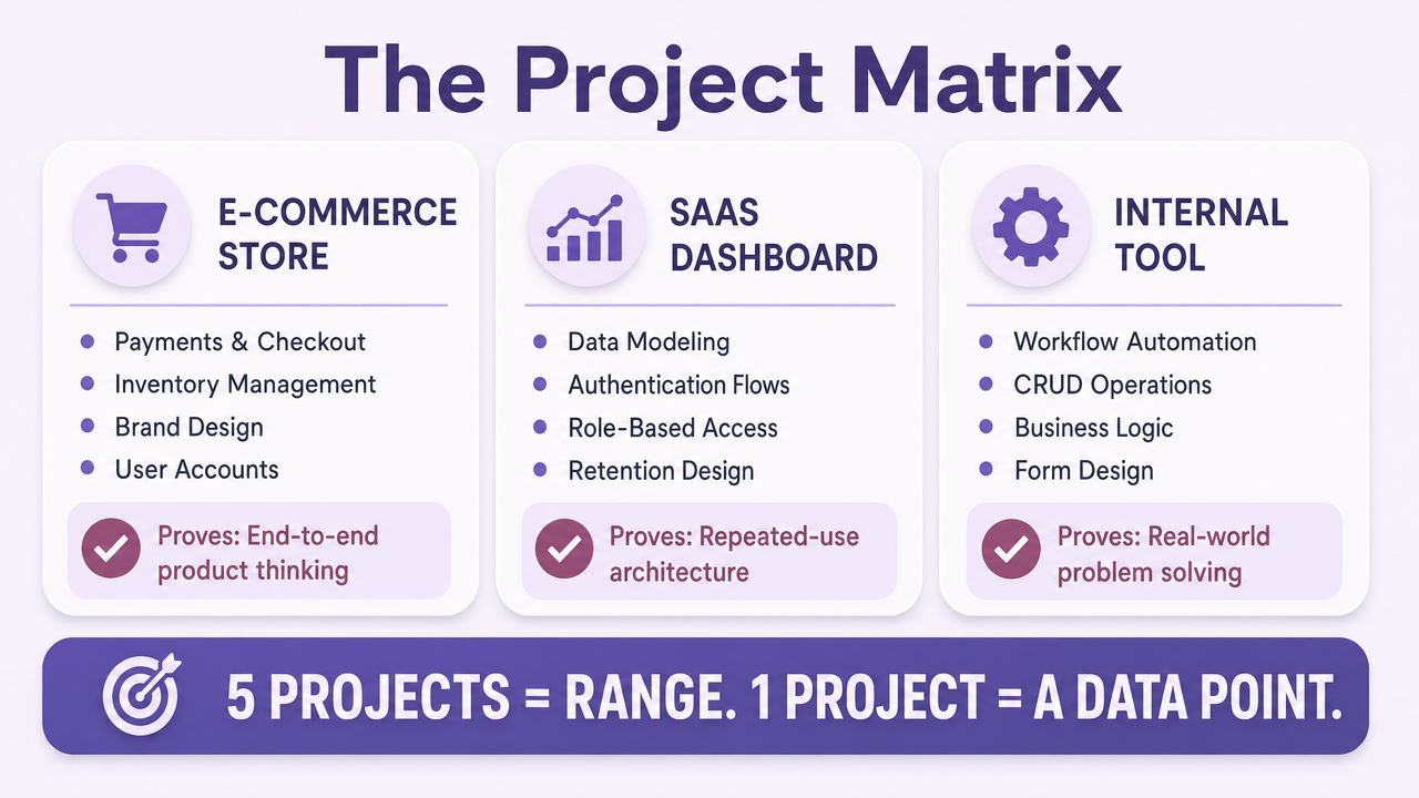 Project matrix infographic showing three portfolio apps — e-commerce store, SaaS dashboard, and internal tool — with the skills each one proves