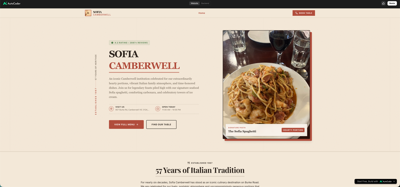 Italian restaurant website built with AutoCoder.cc showing a branded hero section with signature pasta dish and reservation buttons