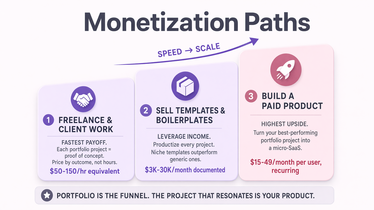 Monetization paths infographic comparing freelance client work, selling templates and boilerplates, and building a paid product