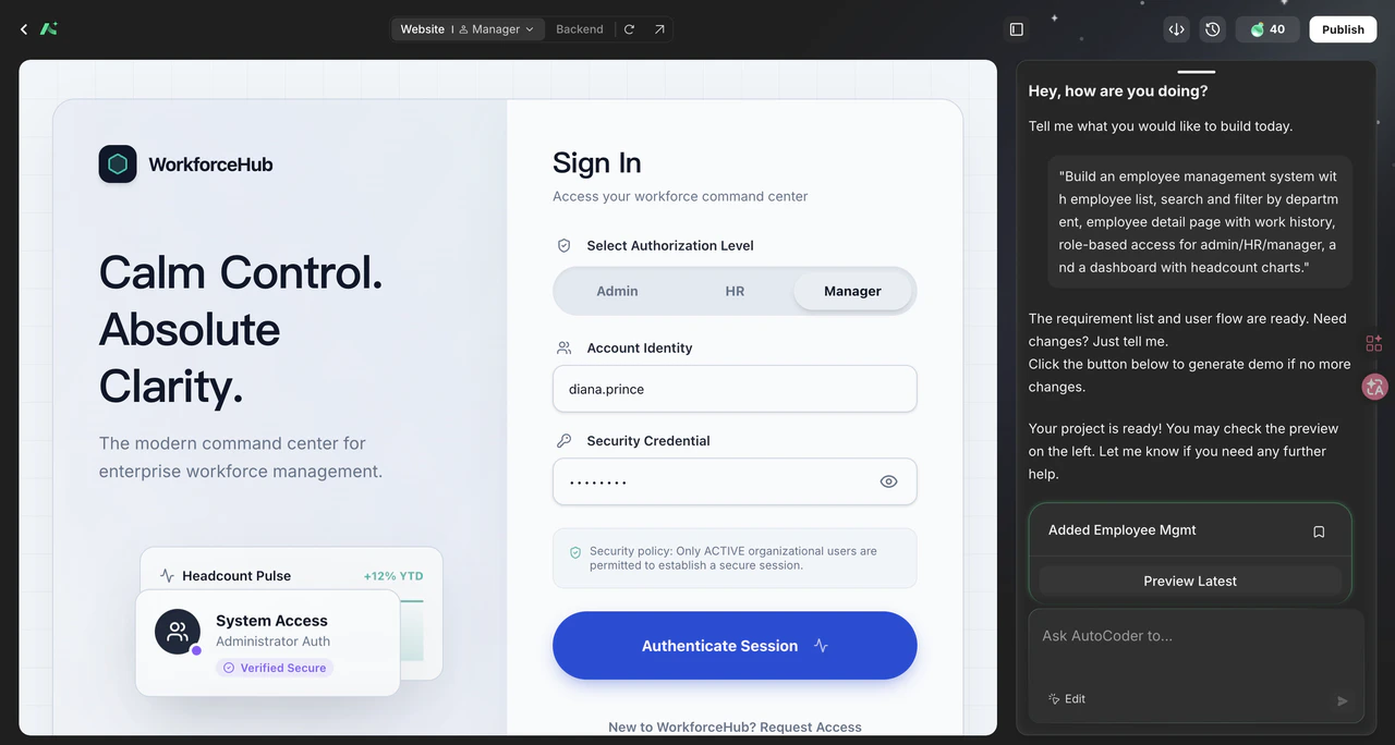 AutoCoder workspace showing a generated WorkforceHub sign-in page with admin, HR, and manager role selector, alongside an AI chat panel on the right for live frontend refinements