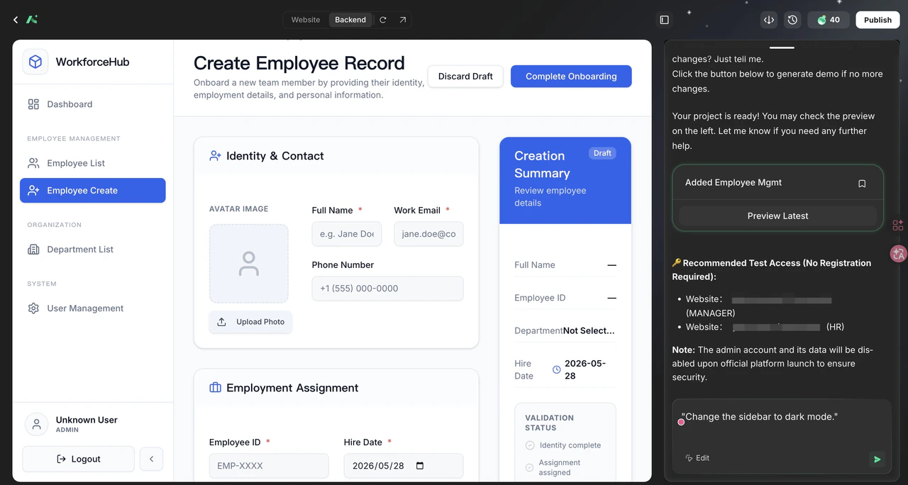AutoCoder-generated admin panel for creating an employee record, with identity and contact fields, employment assignment, file upload, and a validation summary side panel