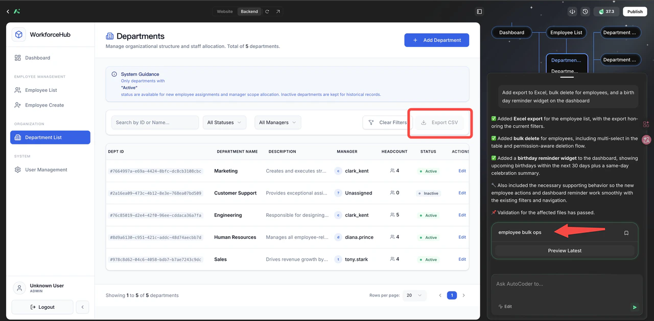 Department list dashboard in AutoCoder showing an Export CSV button, multi-row selection for bulk delete, and a confirmation summary of three batched changes processed together