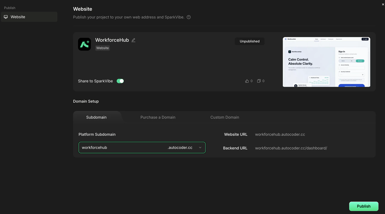 AutoCoder publish dialog showing the WorkforceHub project with subdomain configuration, custom domain option, and a Publish button for one-click deployment to production