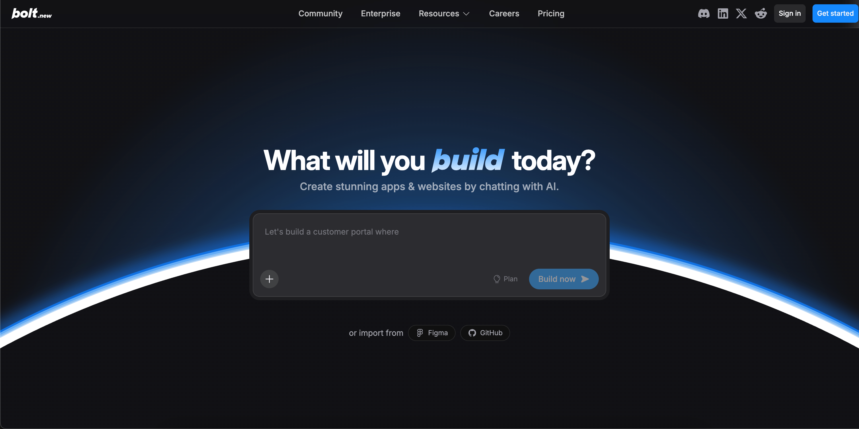 Bolt.new AI website builder dark homepage with What will you build today prompt