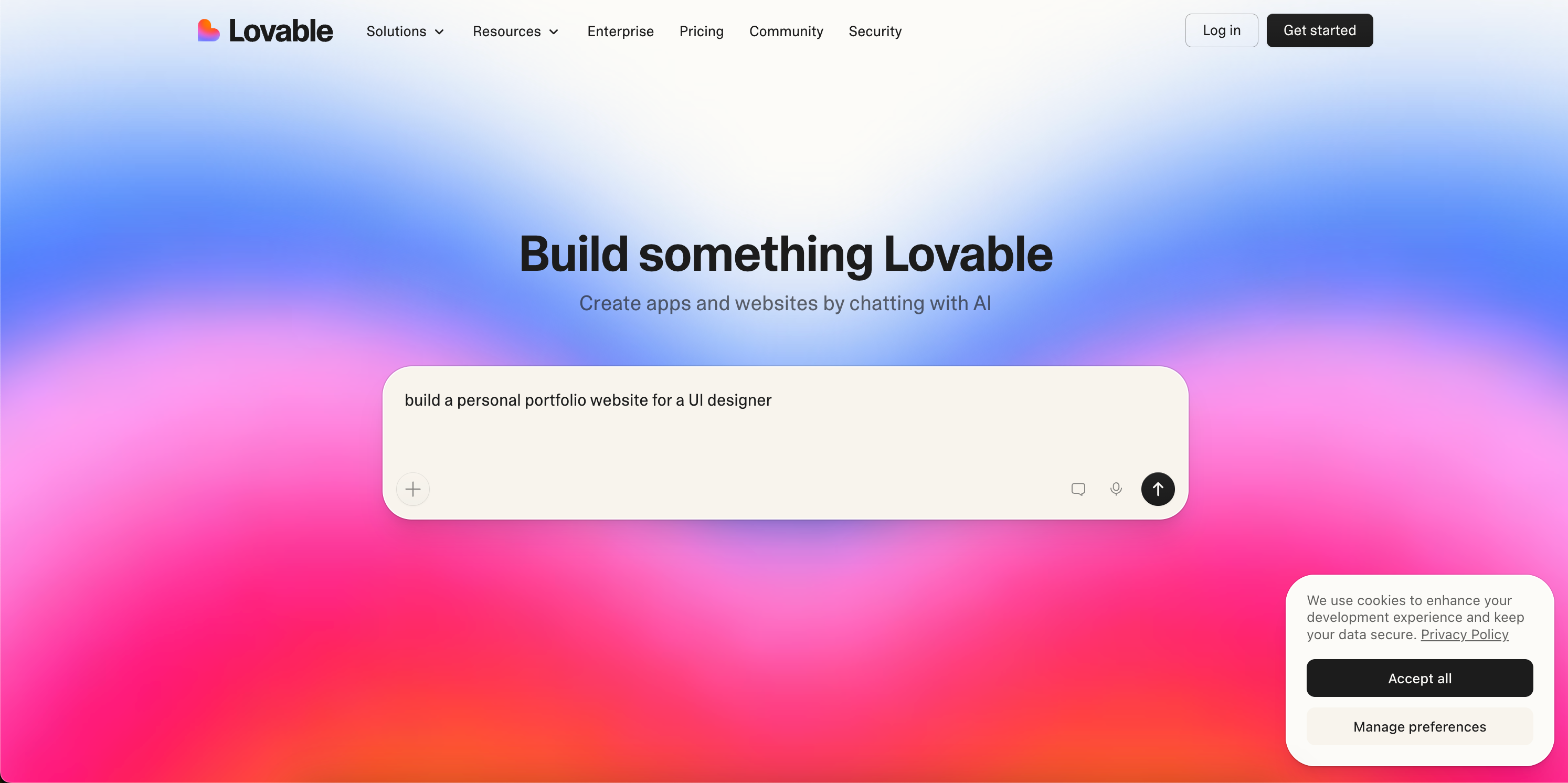 Lovable AI website builder homepage with Build something Lovable prompt interface