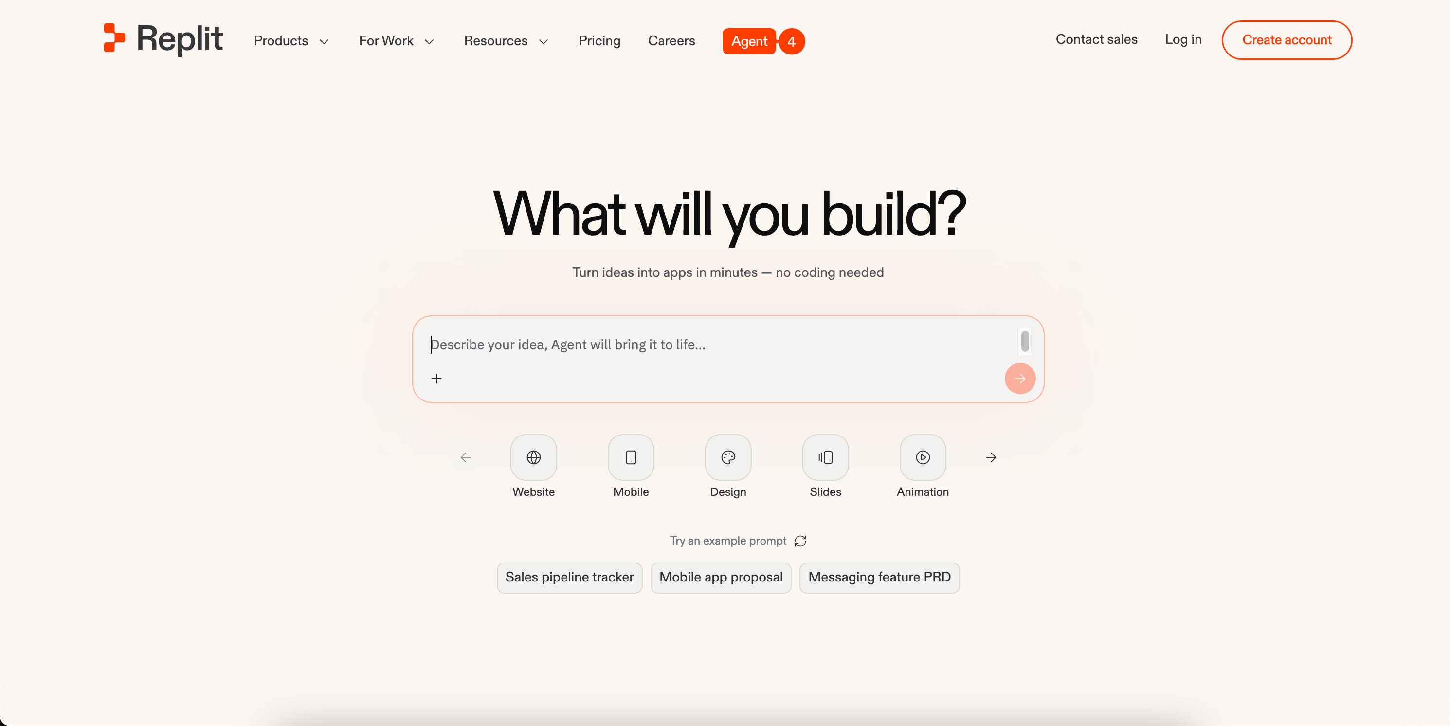 Replit Agent AI app builder homepage with What will you build prompt and template options