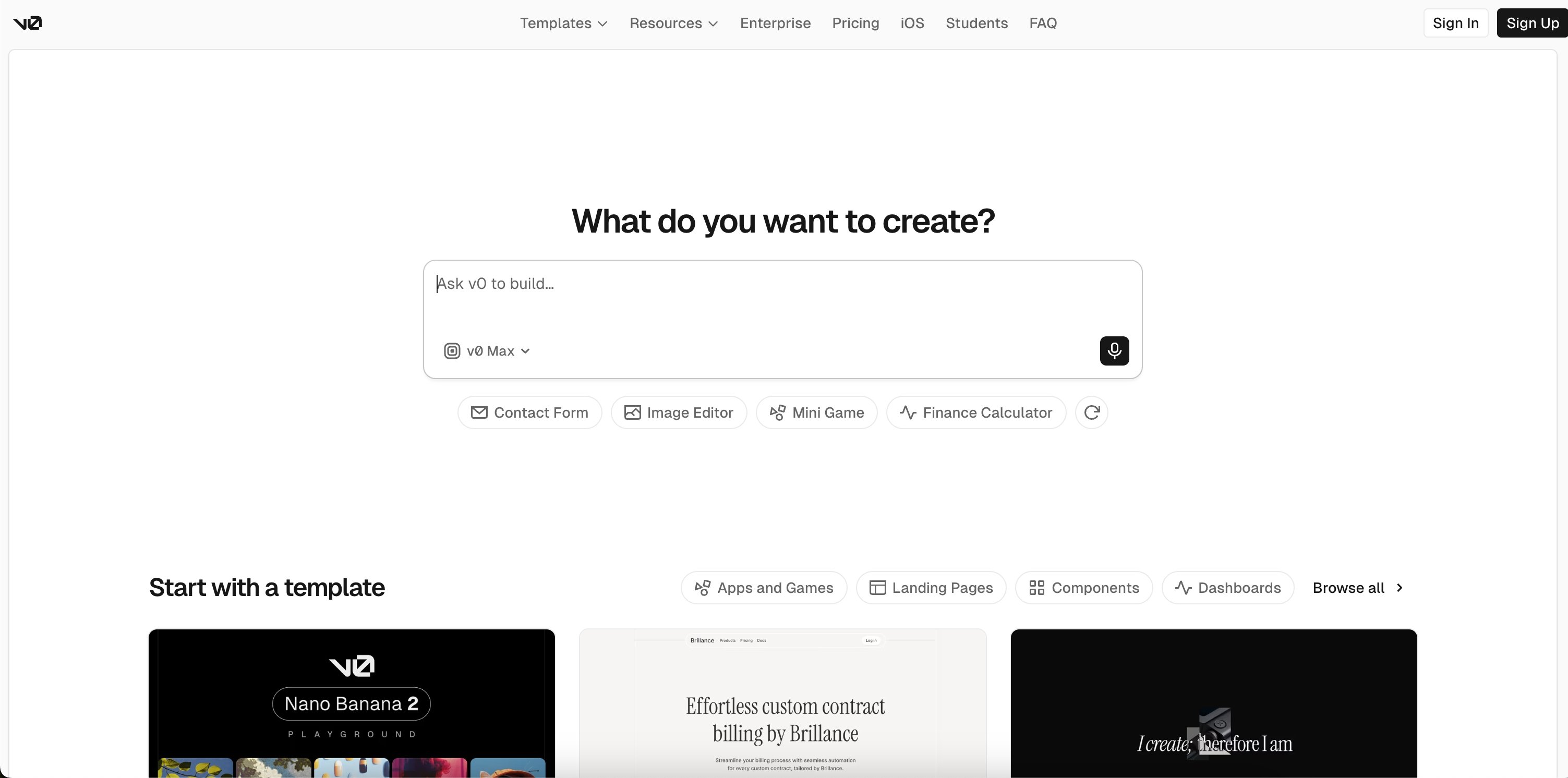 v0 by Vercel AI website builder homepage with What do you want to create prompt and templates