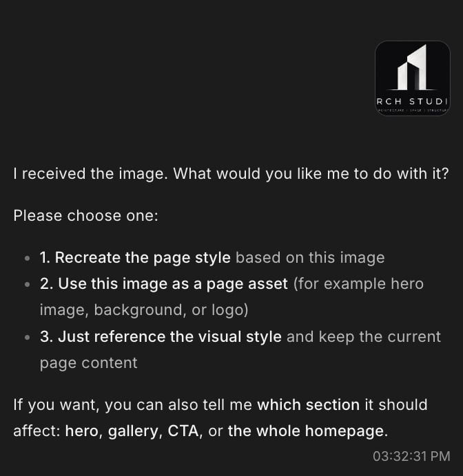 AutoCoder chat reply asking what to do with an uploaded image, offering three options: recreate the page style, use it as a page asset, or reference the visual style