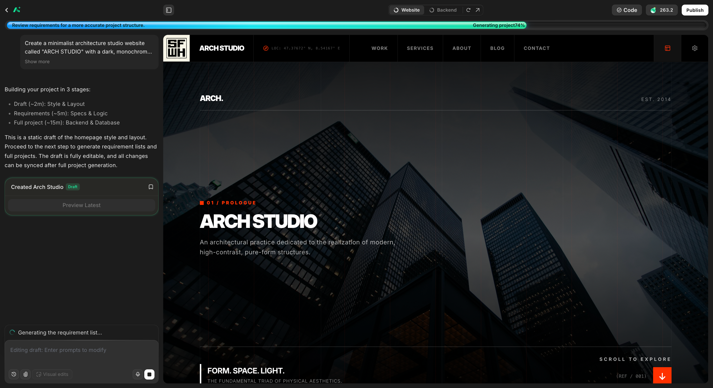 First website draft in the AutoCoder workspace showing a dark monochrome ARCH STUDIO homepage generated from an uploaded screenshot
