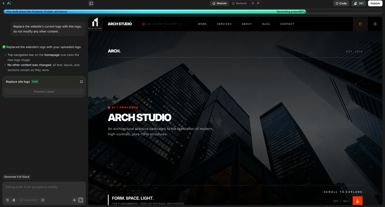 ARCH STUDIO website in AutoCoder with the studio's real logo replacing the generated mark in the navigation bar