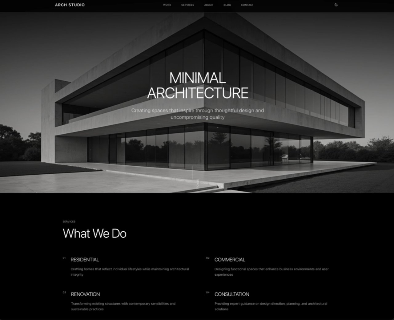 Emily Carter's original black-and-white MINIMAL ARCHITECTURE design with a hero shot and What We Do service blocks, uploaded as a style reference