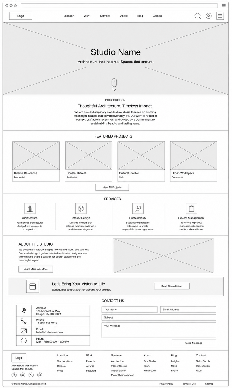 Client's homepage wireframe showing introduction, featured projects, services, about the studio, consultation banner, and contact form sections