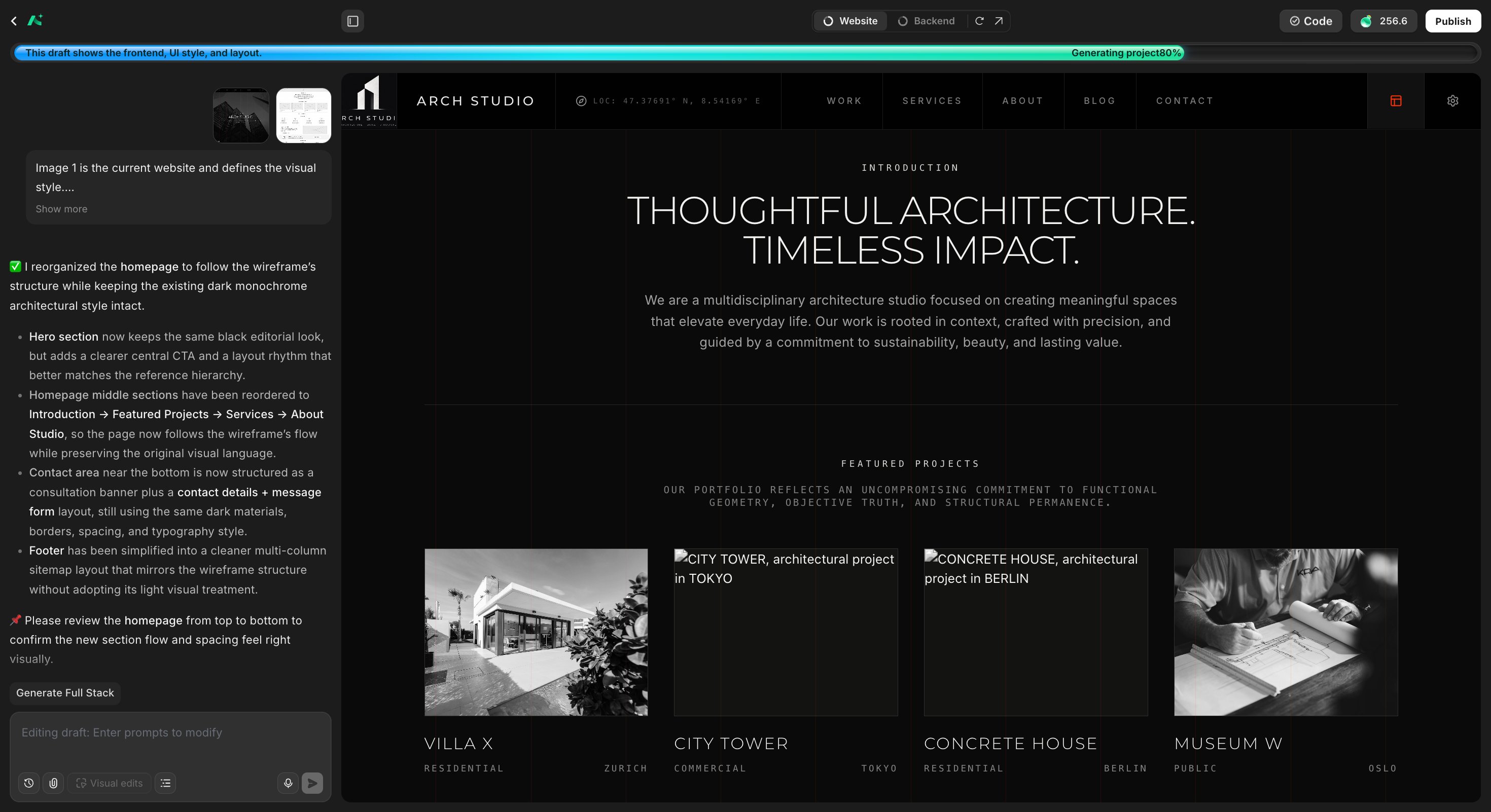 Reorganized ARCH STUDIO homepage in AutoCoder following the wireframe's section order while keeping the dark monochrome style