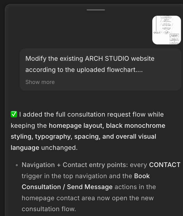 AutoCoder chat report confirming the consultation request flow was added from the flowchart while keeping the homepage layout and styling unchanged