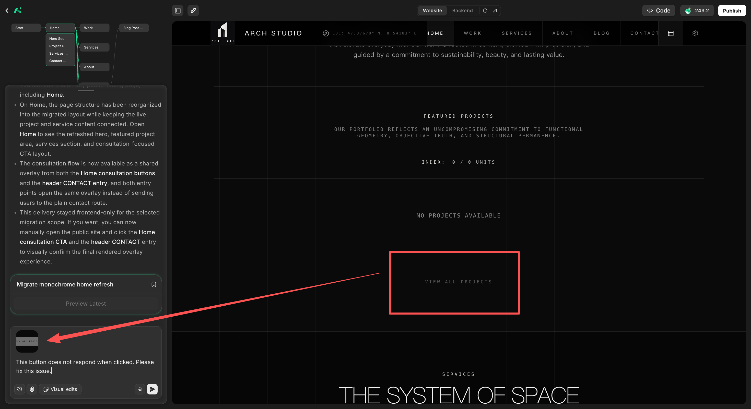 Bug report in AutoCoder made from a stamp-sized screenshot of the unresponsive VIEW ALL PROJECTS button, marked with a red arrow