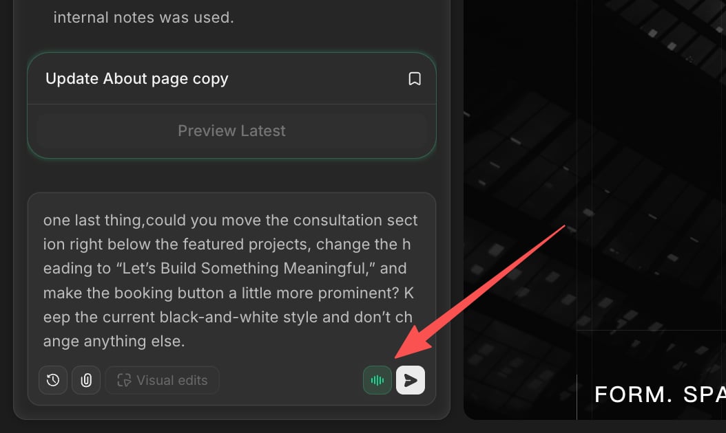 AutoCoder chat input showing a voice-dictated instruction to move the consultation section, rename the heading, and emphasize the booking button