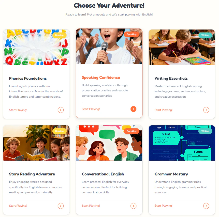 Choose Your Adventure module selection showing phonics, speaking, writing, reading, conversation, and grammar cards
