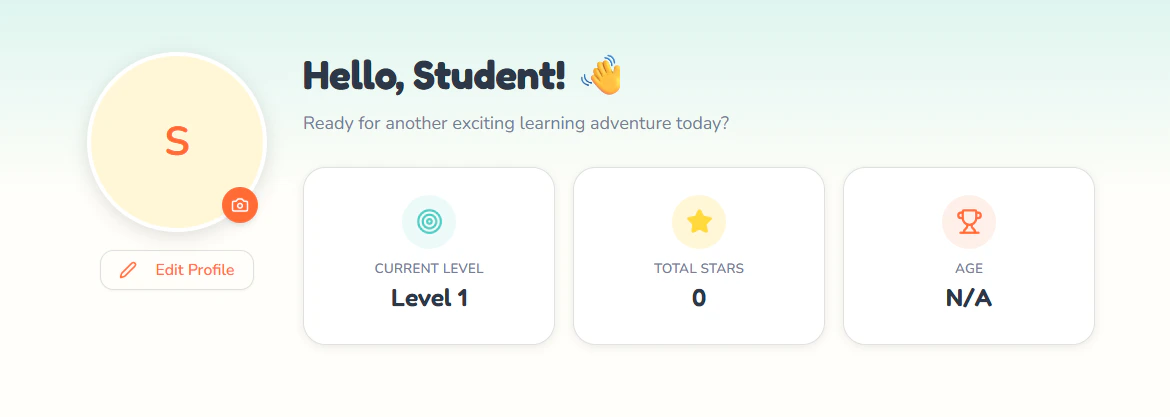 Hello Student profile card displaying current level, total stars earned, and age for personalized learning