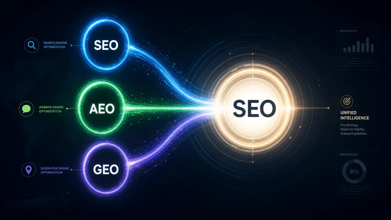 Diagram showing SEO, AEO, and GEO channels converging into one unified SEO intelligence hub