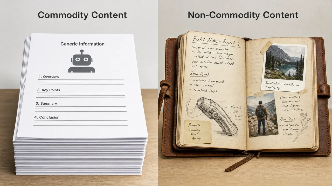 Side-by-side comparison of a stack of generic commodity content pages next to an open field notebook full of original first-person research and insight
