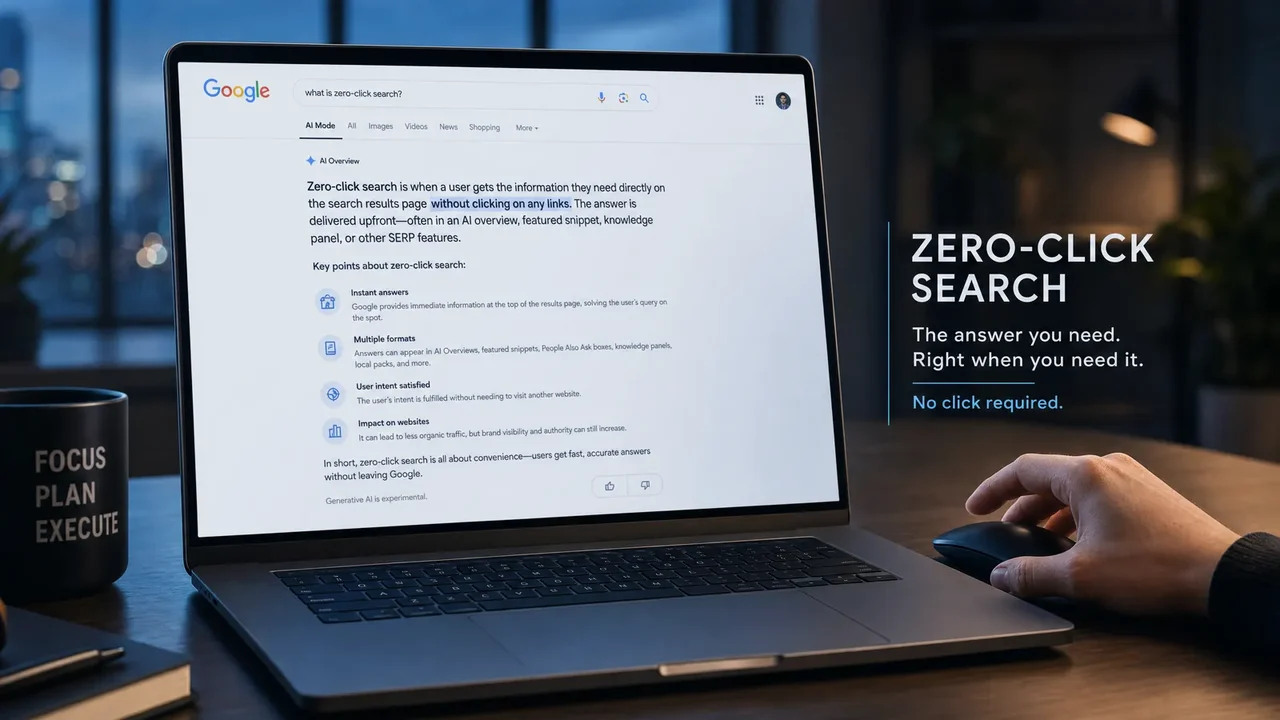 Laptop displaying a Google AI Overview answering a query about zero-click search on the results page, illustrating the new search experience