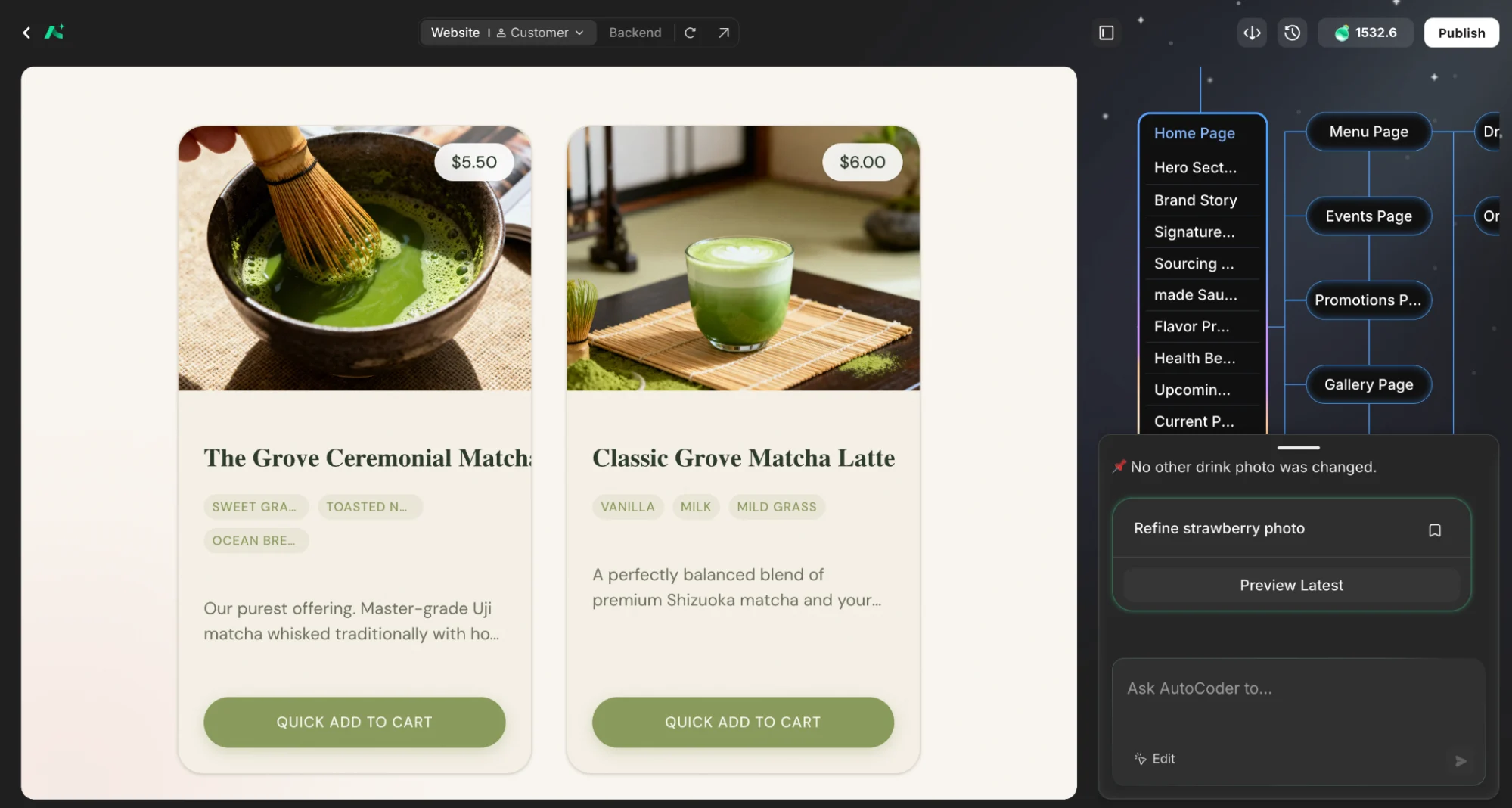 AutoCoder editor showing a generated matcha storefront preview next to the visual page map of the site structure