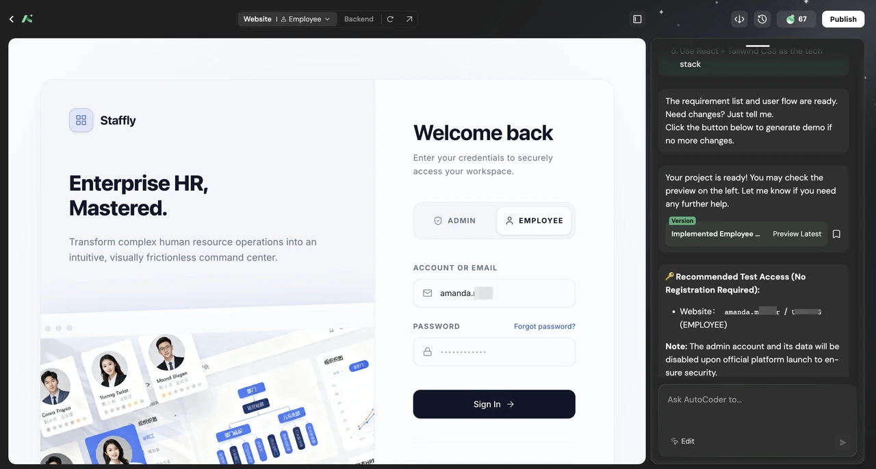 AutoCoder.cc framework preview showing a generated Staffly HR sign-in page with an AI chat assistant for iterative refinement