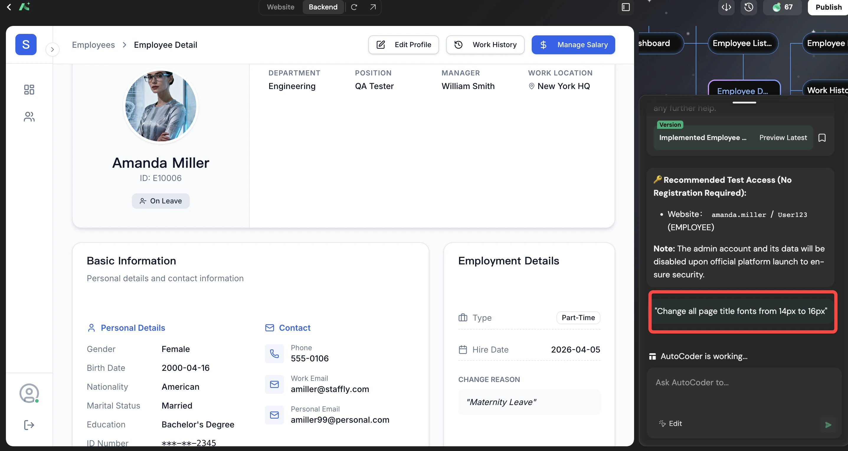 Employee detail page showing Amanda Miller's profile with basic information, employment details, and an inline AutoCoder chat updating page title fonts