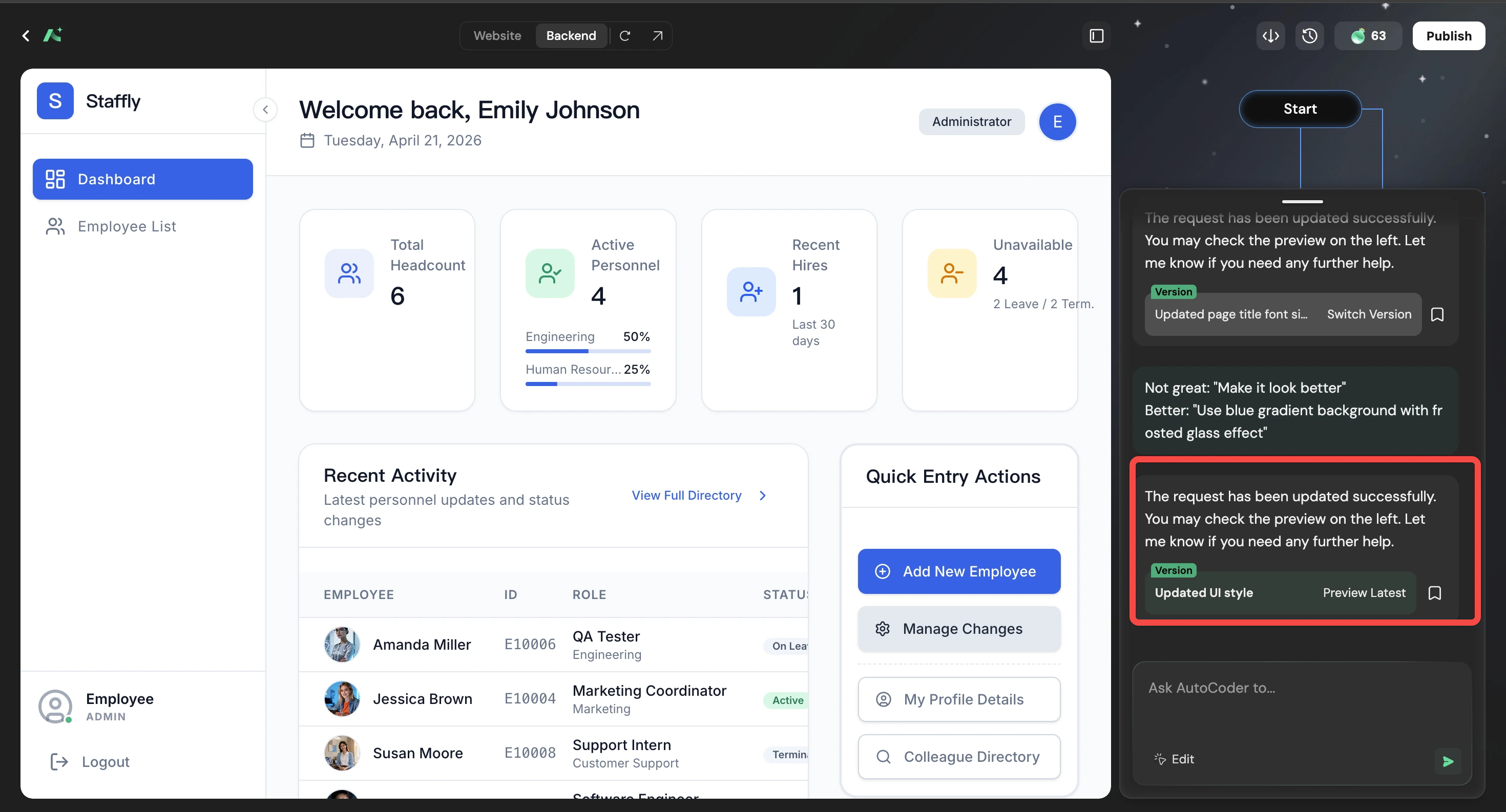 Staffly admin dashboard showing total headcount, active personnel, recent hires, and a recent activity table, with the AutoCoder chat panel applying style updates