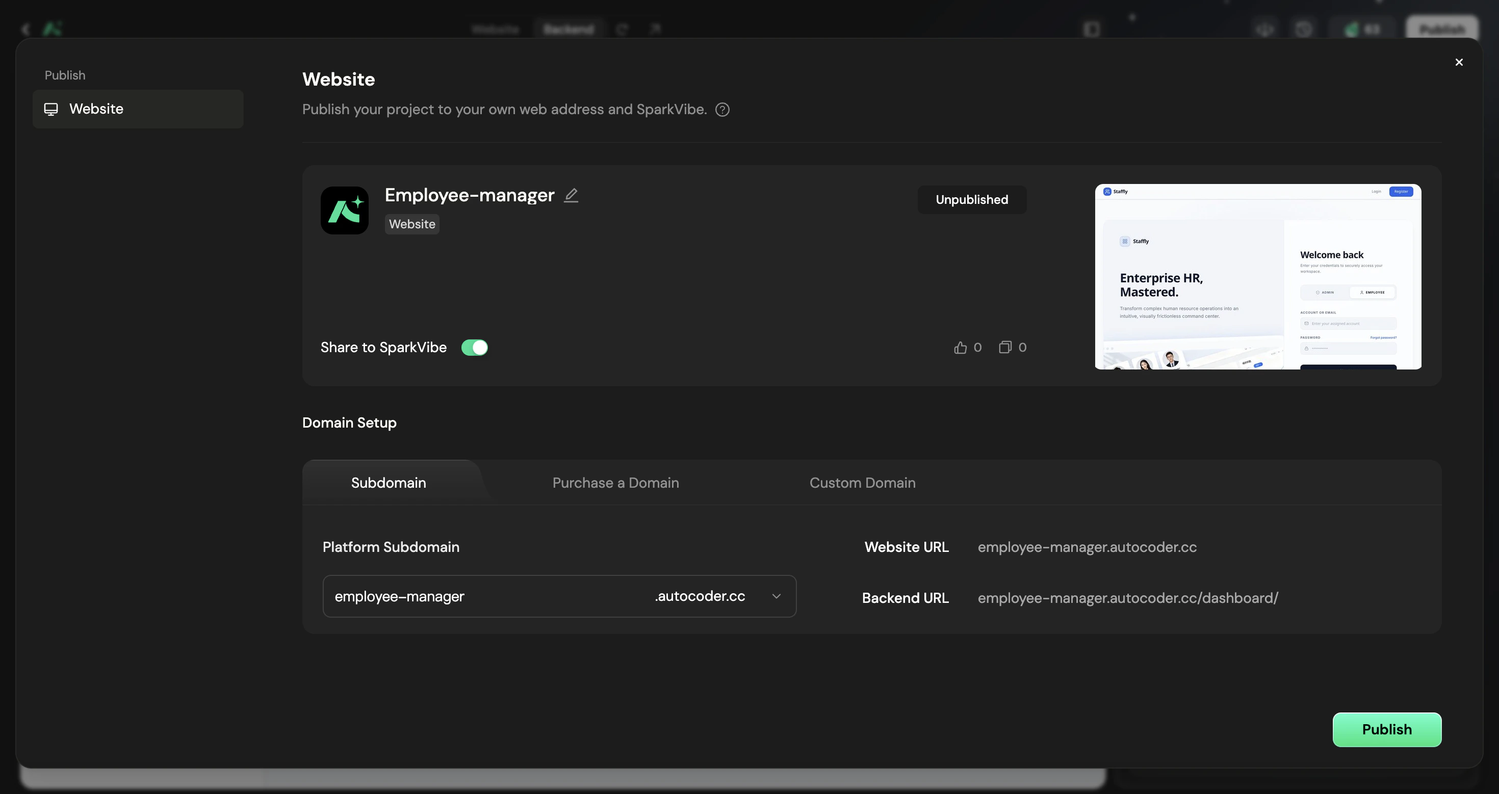 AutoCoder.cc publish settings showing the Employee Manager project with domain setup and subdomain selection