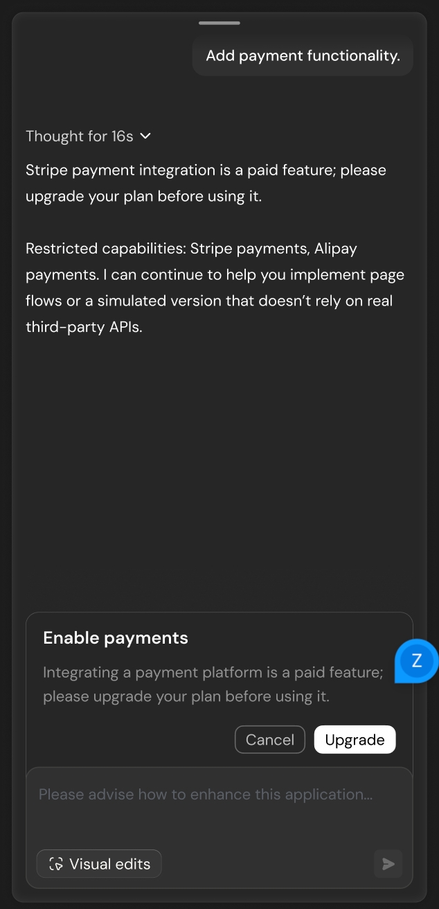 Upgrade prompt shown when a Free user adds payments