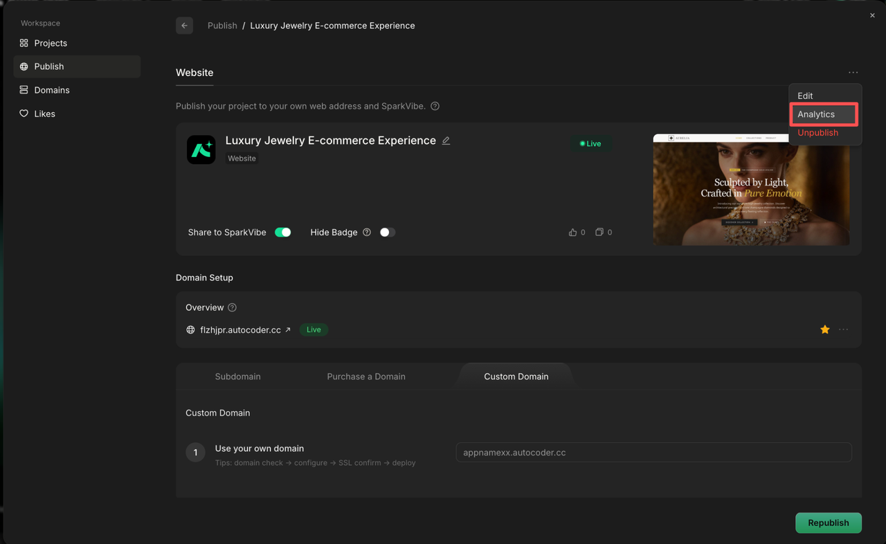 Opening Analytics from the published project menu
