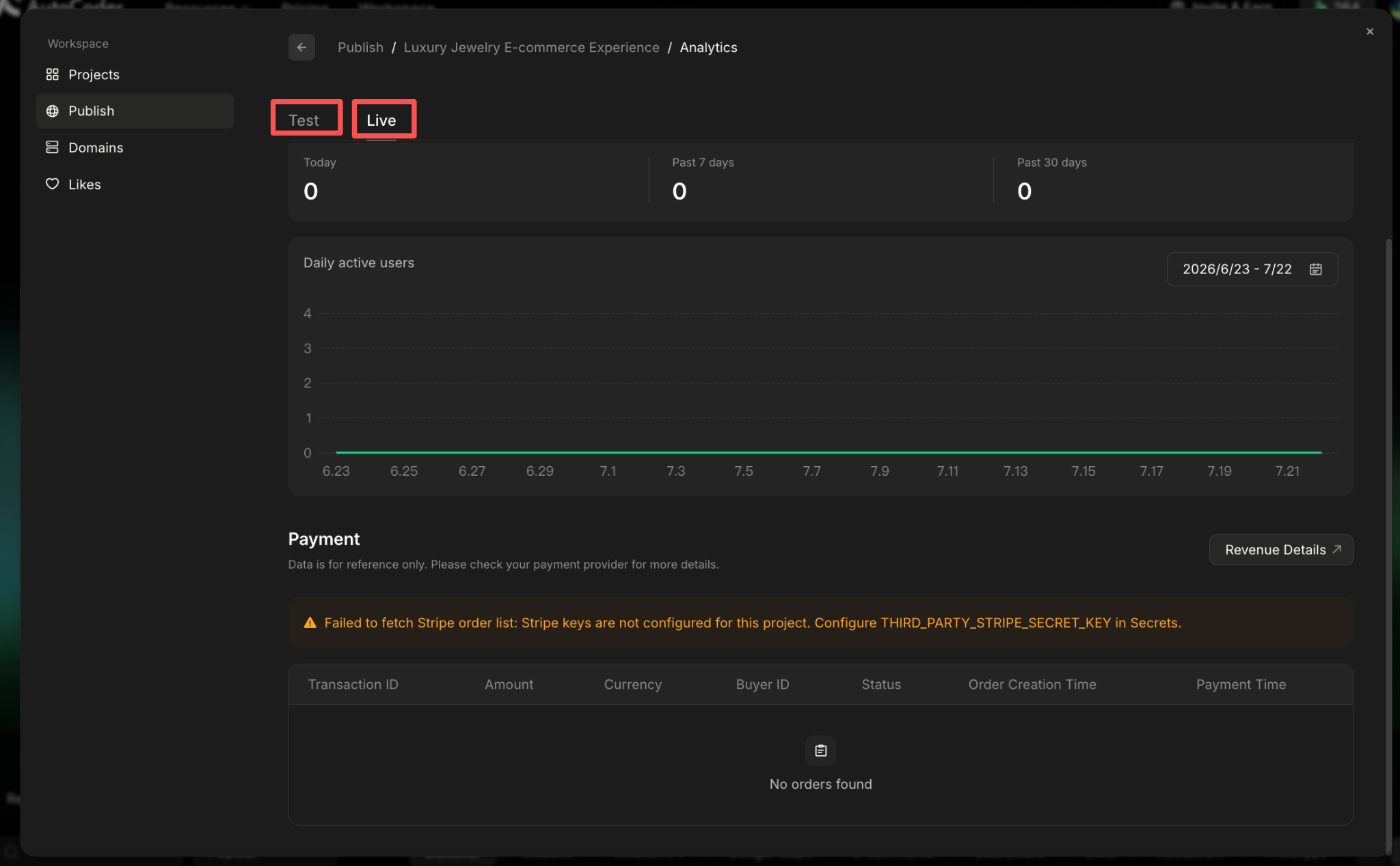 Test and Live tabs in Analytics