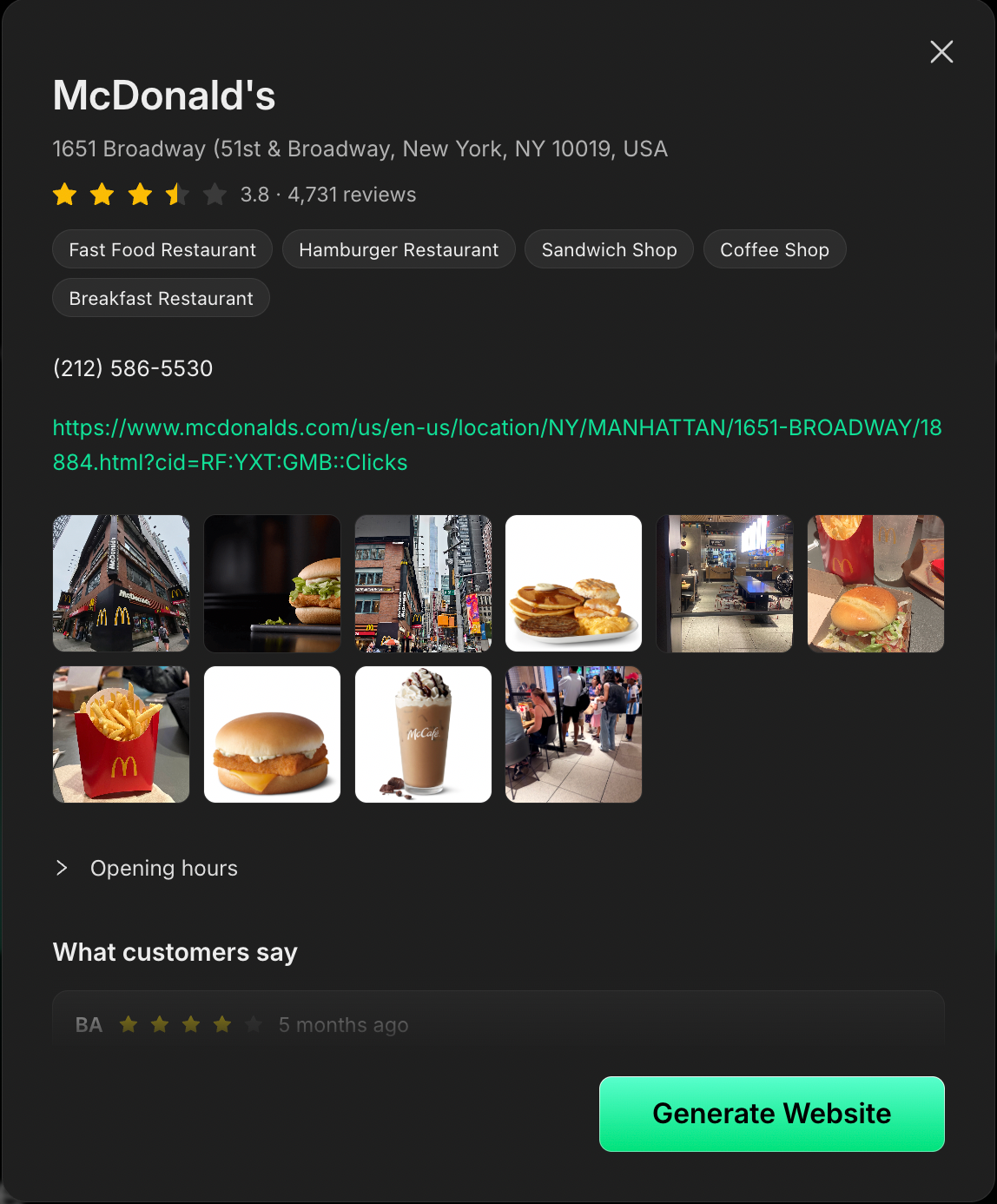 Business information preview with the Generate Website button