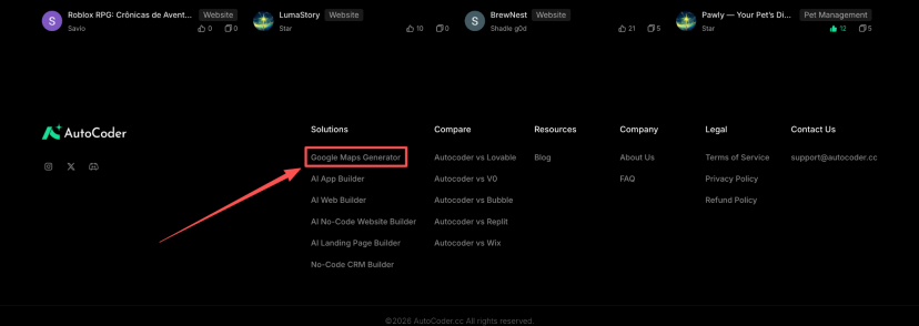 AutoCoder.cc website footer with the Google Maps Generator entry highlighted in the Solutions column