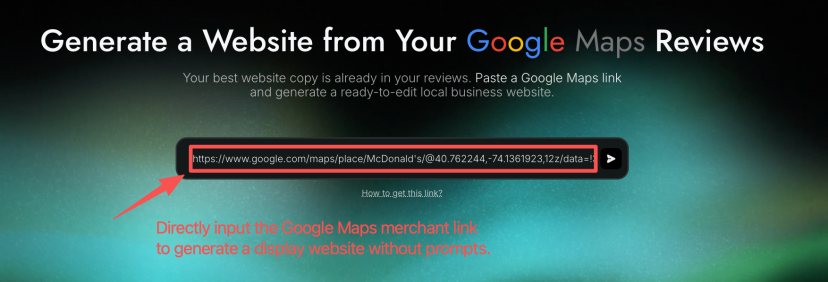 Google Maps Generator page on AutoCoder.cc with a McDonald's Google Maps listing URL pasted into the link field