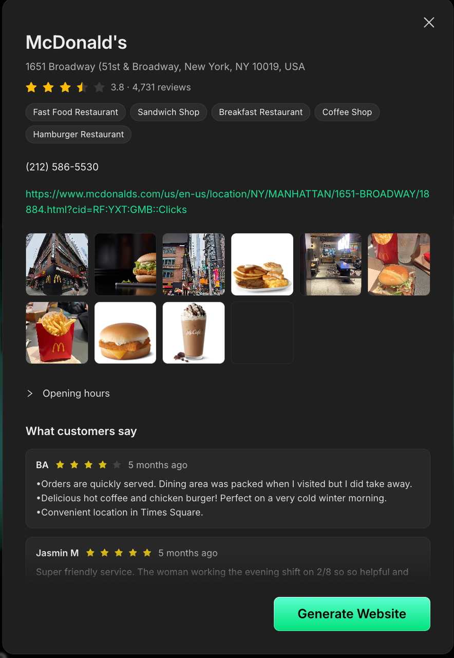 Business preview showing extracted McDonald's listing details — name, address, rating, categories, photos, opening hours, and customer reviews — above a Generate Website button