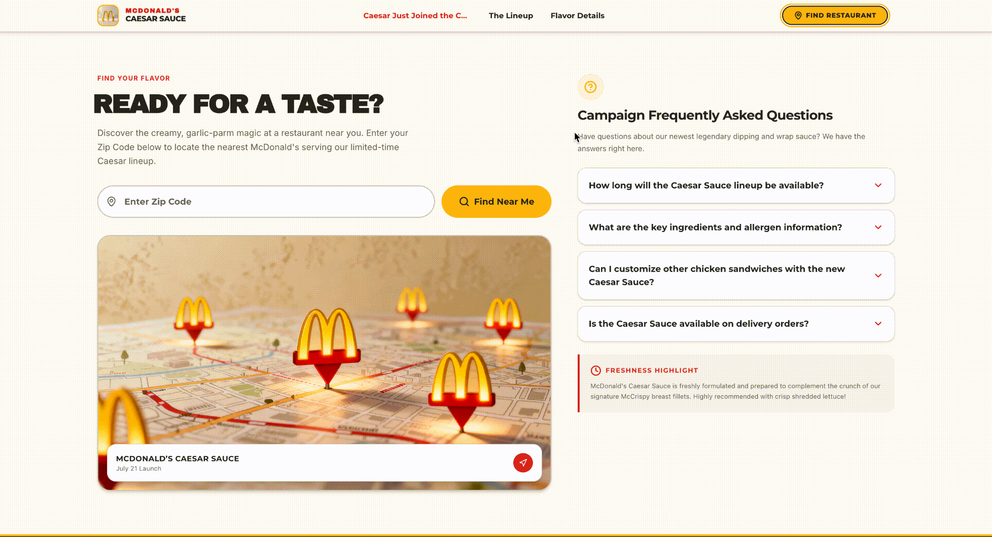 Animated view of the generated ZIP-code restaurant finder and campaign FAQ section on the Caesar Sauce site