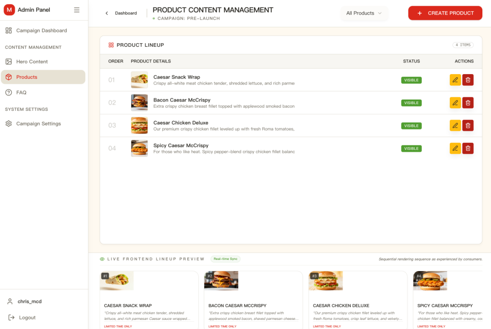 Product content management screen listing four Caesar Sauce items with visibility status and a live frontend lineup preview