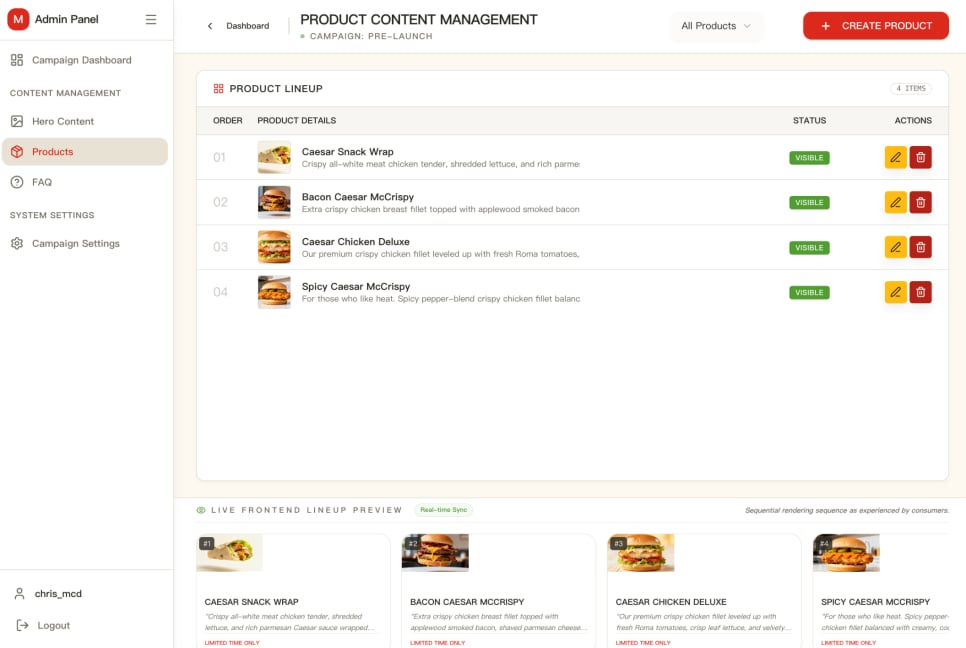 Product content management screen listing four Caesar Sauce items with visibility status and a live frontend lineup preview