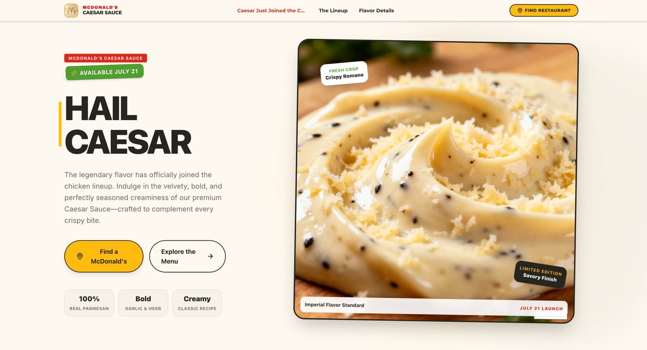 McDonald's Caesar Sauce launch landing page generated by AutoCoder.cc with a Hail Caesar hero section and restaurant finder button