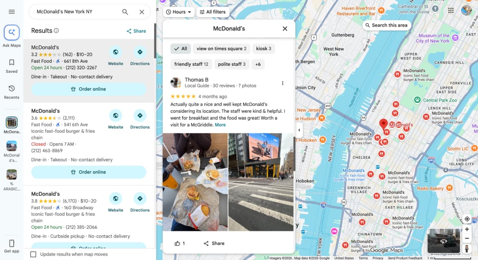 Google Maps search results for McDonald's locations in New York with a selected listing showing reviews and photos