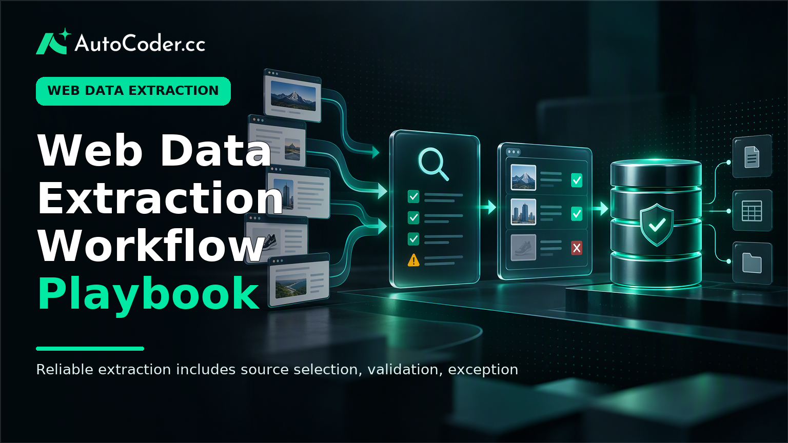 Editorial illustration of approved web sources moving through validation and review into a traceable internal dataset