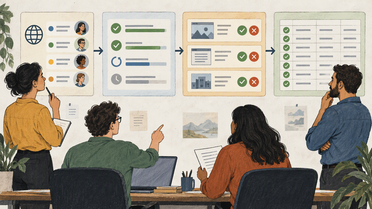 Editorial illustration of source registry, job status, review queue, and approved records in an internal workflow
