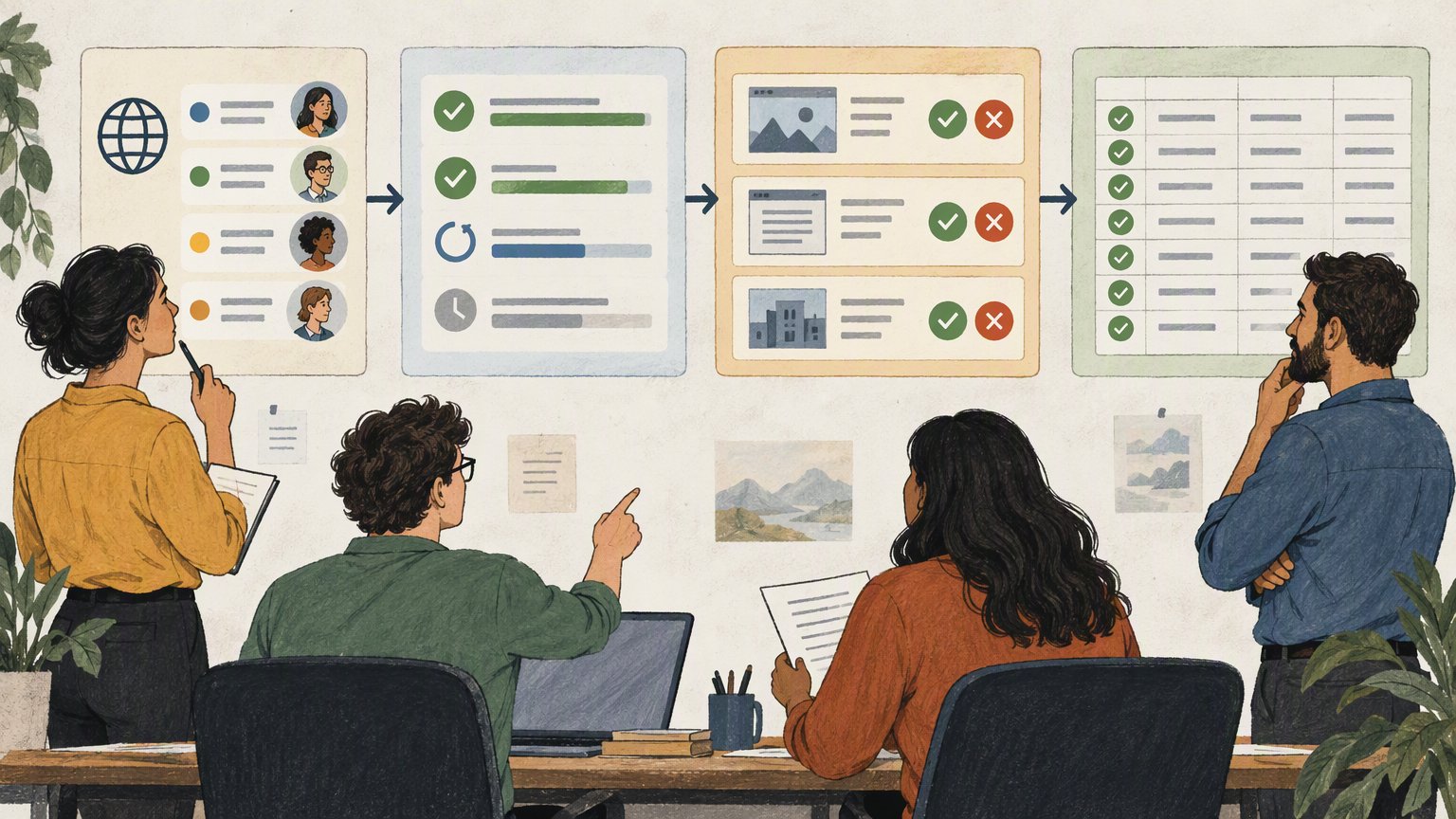 Editorial illustration of source registry, job status, review queue, and approved records in an internal workflow