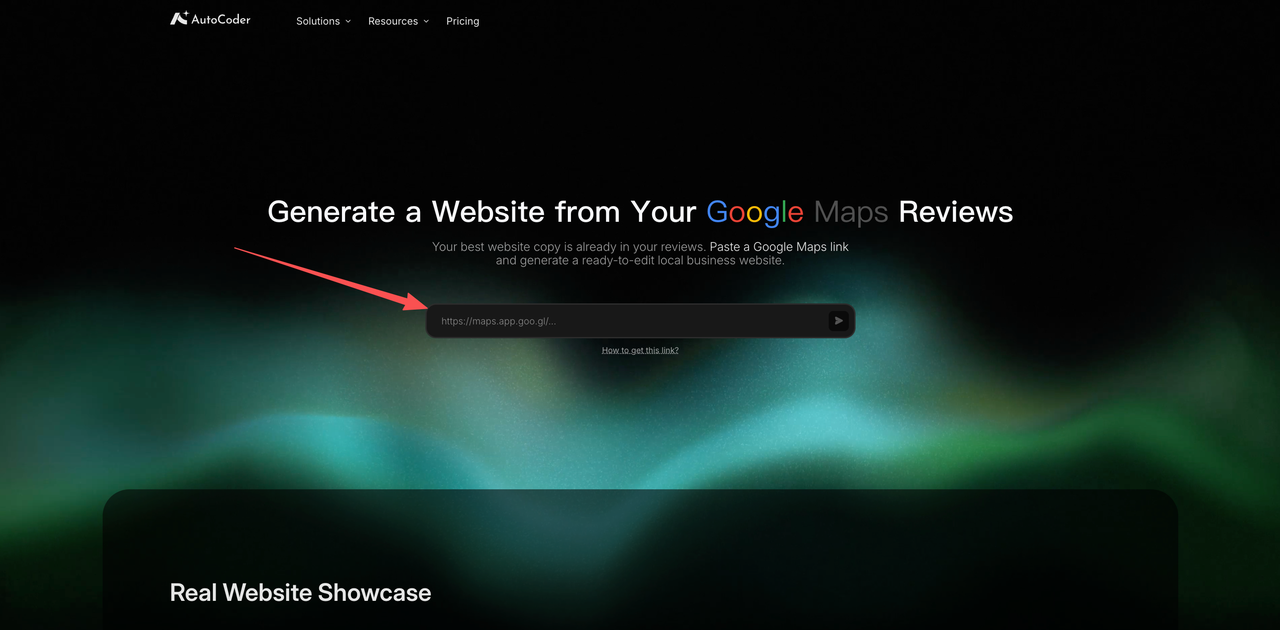 Google Maps Website Generator page titled Generate a Website from Your Google Maps Reviews, with an arrow pointing to the link input field