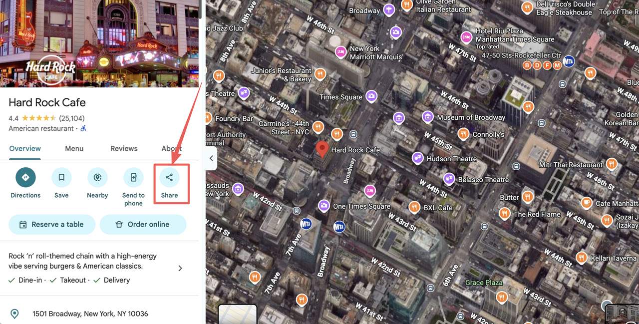 Google Maps listing for Hard Rock Cafe with the Share button highlighted in the action row